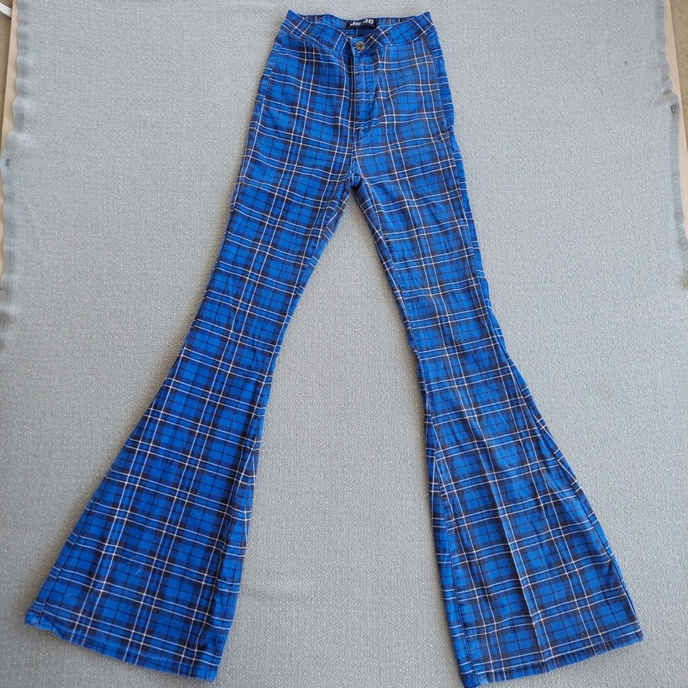 JC & JQ Bell Bottom Pants Womens M Blue Plaid GP2613-RY Flare High Rise Stretch